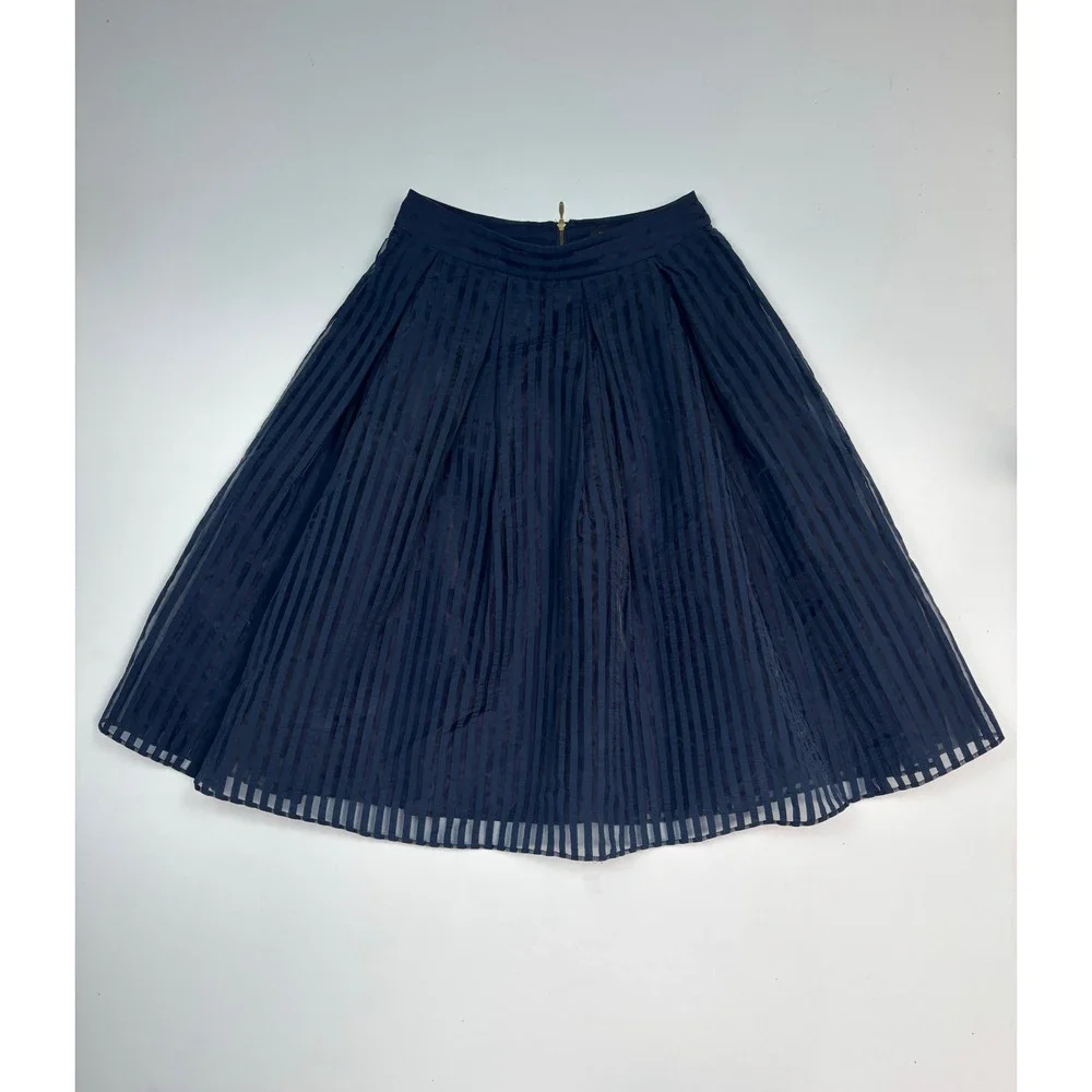 L'ESSAGE Journal Standard Navy Blue Sheer Stripe Pleated Midi‎ Skirt Size 36